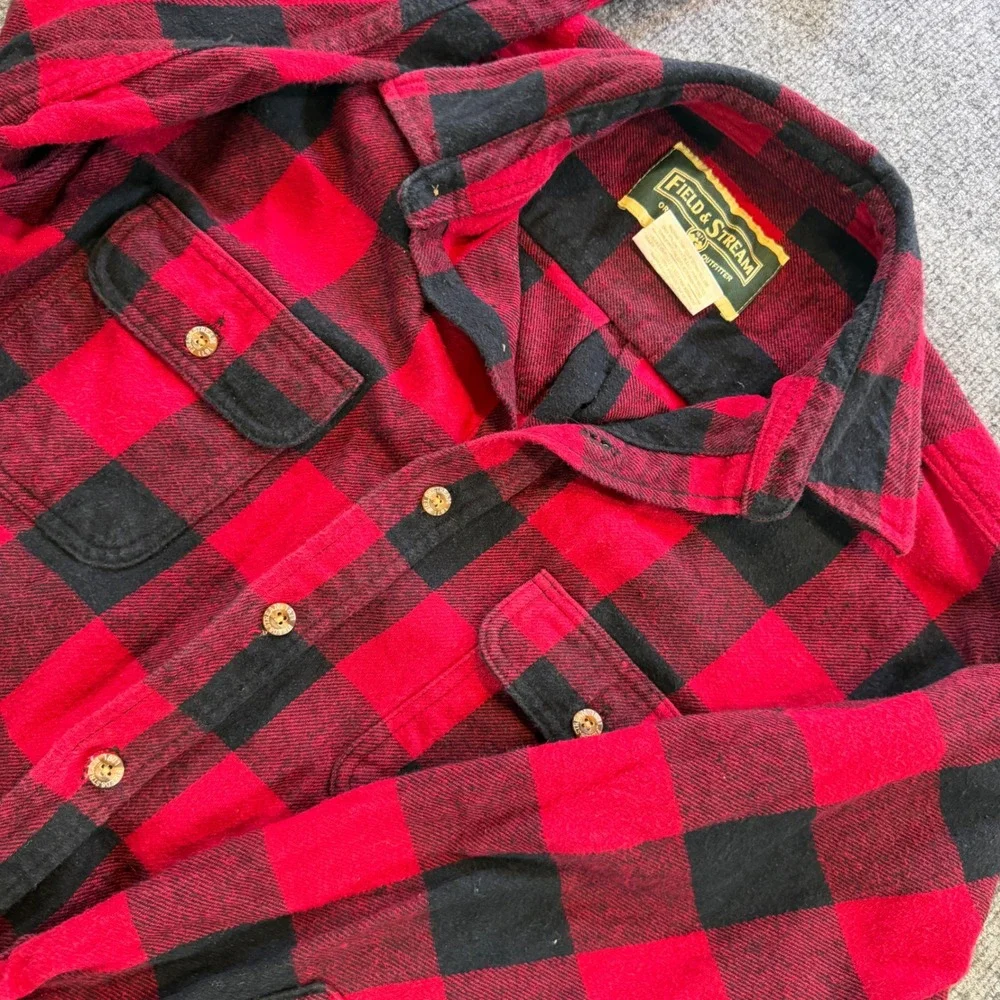 Vintage Field & Stream Men XL Red Black Buffalo Plaid Flannel Button Down Cotton